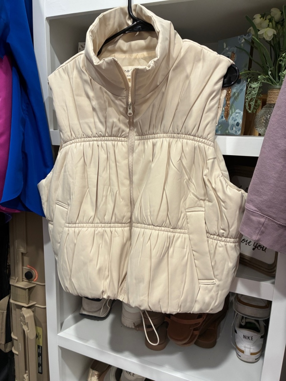 Cream Quilted Puffer Vest with High Collar